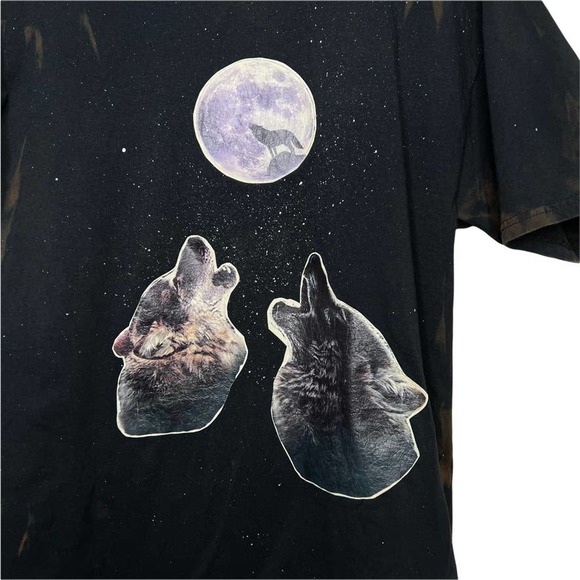 Wolf Tee - Custom Made Bleach Dyed - Two Wolves Howling at the Moon - Picture 8 of 10